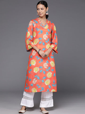 Varanga Women Orange Floral Printed V-Neck A-Line Kurta With Side Slits